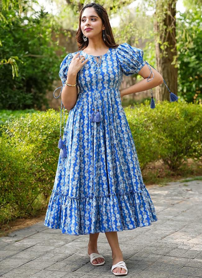 Rayon Blue Daily Wear Digital Print Readymade Short Gown